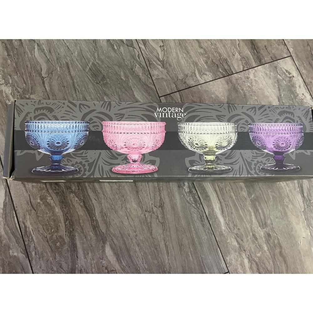 Godinger Modern Vintage Florentine Dessert Cup Set 4 Assorted Colors 34119 NEW